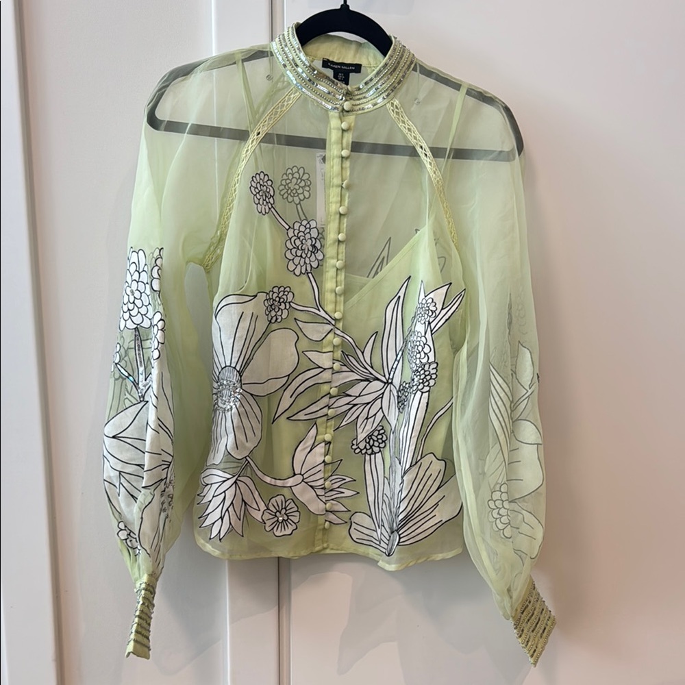 Karen Millen Organdie Applique Embroidered Sheer Floral Blouse